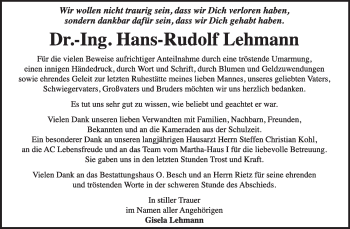 Traueranzeige von Hans-Rudolf Lehmann von Super Sonntag Dessau / Köthen