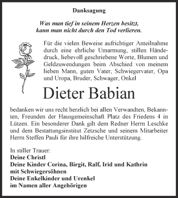 Traueranzeige von Dieter Babian von WVG - Wochenspiegel NMB / WSF / ZTZ