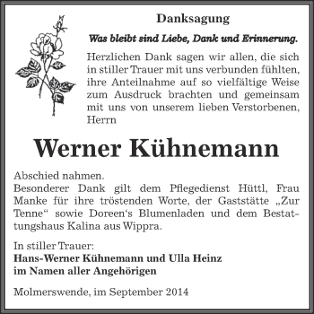Traueranzeige von Werner Kühnemann von Wochenspiegel Mansfelder Land