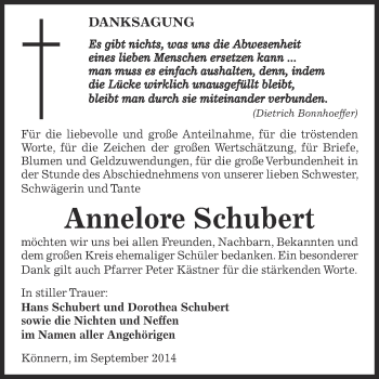 Traueranzeige von Annelore Schubert von Super Sonntag Bernburg