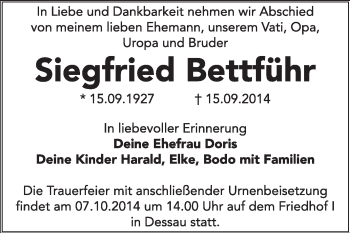 Traueranzeige von Siegfried Bettführ von Super Sonntag Dessau / Köthen