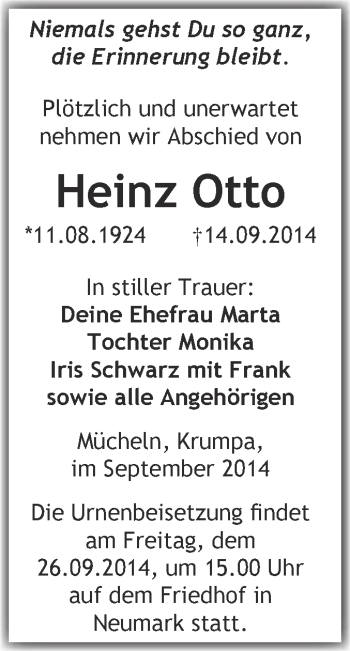 Traueranzeige von Heinz Otto von WVG - Wochenspiegel Merseburg