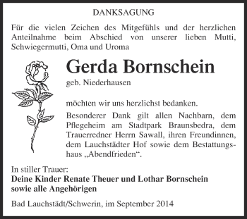 Traueranzeige von Gerda Bornschein von WVG - Wochenspiegel Merseburg