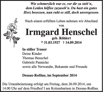 Traueranzeige von Irmgard Henschel von Super Sonntag Dessau / Köthen