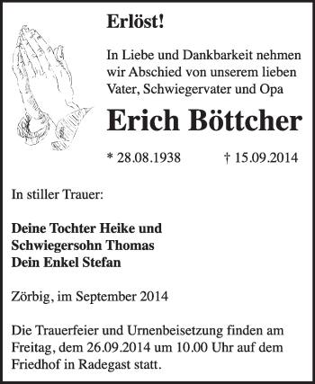 Traueranzeige von Erich Böttcher von Super Sonntag Dessau / Köthen
