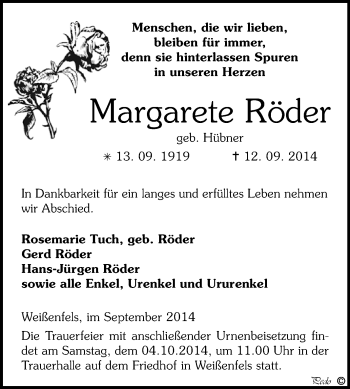 Traueranzeige von Margarete Röder von WVG - Wochenspiegel NMB / WSF / ZTZ