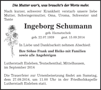 Traueranzeige von Ingeborg Schumann von Super Sonntag SGH Mansf. Land
