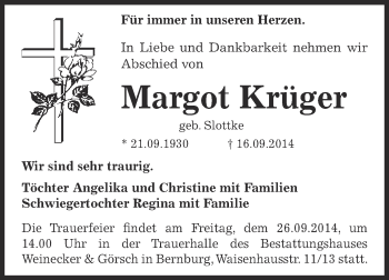 Traueranzeige von Margot Krüger von Super Sonntag Bernburg