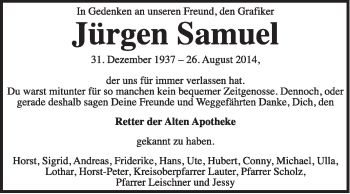 Traueranzeige von Jürgen Samuel von Super Sonntag Dessau / Köthen