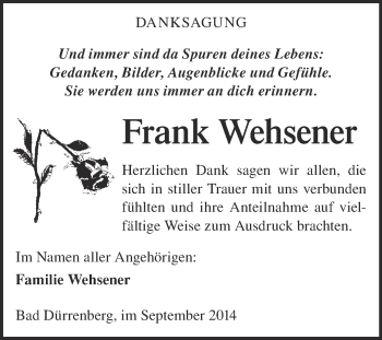 Traueranzeige von Frank Wehsener von Super Sonntag Merseburg