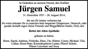 Traueranzeige von Jürgen Samuel von Super Sonntag Dessau / Köthen