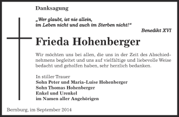 Traueranzeige von Frieda Hohenberger von Super Sonntag Bernburg
