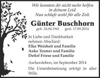 Traueranzeige von Günter Buschhorn von Super Sonntag Aschersleben