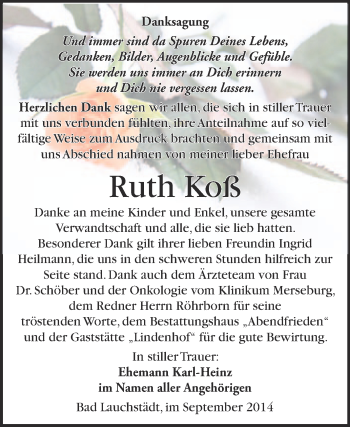 Traueranzeige von Ruth Koß von WVG - Wochenspiegel Merseburg