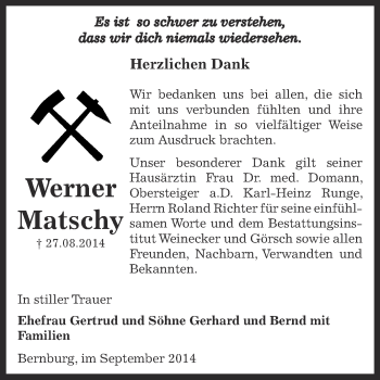 Traueranzeige von Werner Matschky von Super Sonntag Bernburg