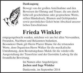 Traueranzeige von Frieda Winkler von WVG - Wochenspiegel Quedlinburg
