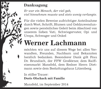 Traueranzeige von Werner Lachmann von Wochenspiegel Mansfelder Land