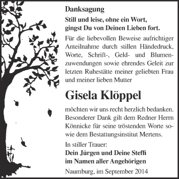 Traueranzeige von Gisela Klöppel von WVG - Wochenspiegel NMB / WSF / ZTZ