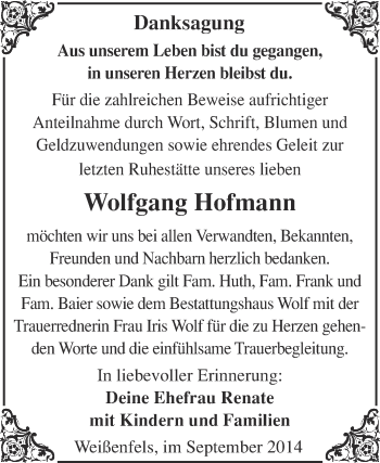 Traueranzeige von Wolfgang Hofmann von WVG - Wochenspiegel NMB / WSF / ZTZ