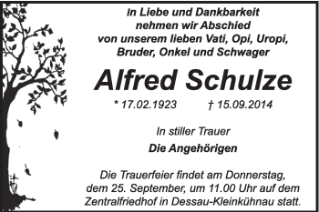 Traueranzeige von Alfred Schulze von Super Sonntag Dessau / Köthen