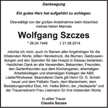 Traueranzeige von Wolfgang Szczes von Super Sonntag Dessau / Köthen