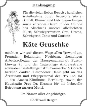 Traueranzeige von Käte Gruschke von Super Sonntag Bernburg