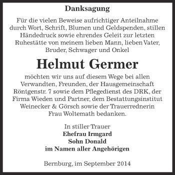 Traueranzeige von Helmut Germer von Super Sonntag Bernburg