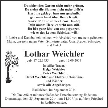 Traueranzeige von Lothar Weichler von WVG - Wochenspiegel Quedlinburg