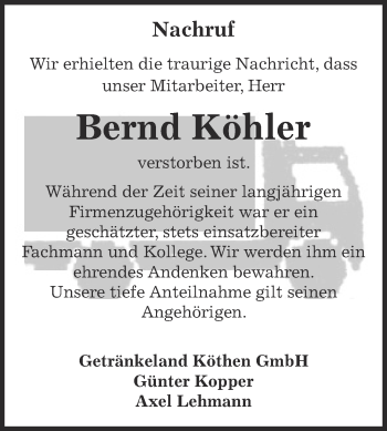 Traueranzeige von Bernd Köhler von WVG - Wochenspiegel Dessau / Köthen