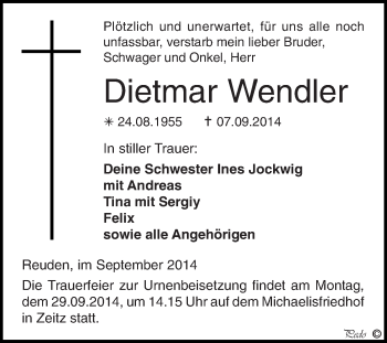 Traueranzeige von Dietmar Wendler von Super Sonntag Zeitz