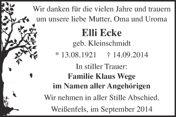 Traueranzeige von Elli Ecke von WVG - Wochenspiegel NMB / WSF / ZTZ