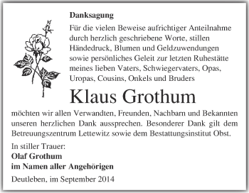 Traueranzeige von Klaus Grothum von Super Sonntag Merseburg