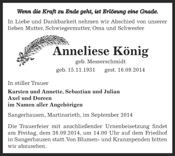 Traueranzeige von Anneliese König von Super Sonntag SGH Mansf. Land