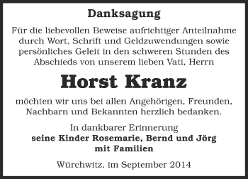 Traueranzeige von Horst Kranz von Super Sonntag Zeitz