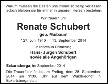 Traueranzeige von Renate Schubert von WVG - Wochenspiegel NMB / WSF / ZTZ