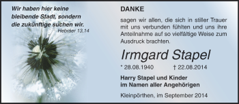 Traueranzeige von Irmgard Stapel von Super Sonntag Zeitz