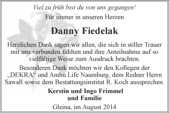 Traueranzeige von Danny Fiedelak von WVG - Wochenspiegel NMB / WSF / ZTZ