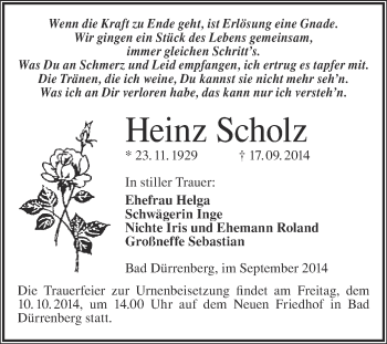 Traueranzeige von Heinz Scholz von Super Sonntag Merseburg