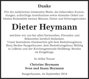 Traueranzeige von Dieter Heymann von Super Sonntag SGH Mansf. Land