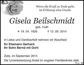 Traueranzeige von Gisela Beilschmidt von Super Sonntag Zeitz