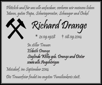 Traueranzeige von Richard Drange von Super Sonntag Aschersleben