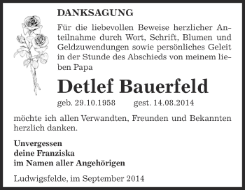 Traueranzeige von Detlef Bauerfeld von Super Sonntag SGH Mansf. Land