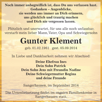 Traueranzeige von Gunter Klement von Super Sonntag SGH Mansf. Land