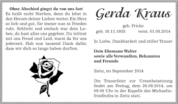 Traueranzeige von Gerda Kraus von Super Sonntag Zeitz