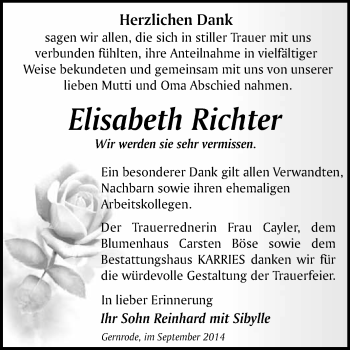 Traueranzeige von Elisabeth Richter von WVG - Wochenspiegel Quedlinburg