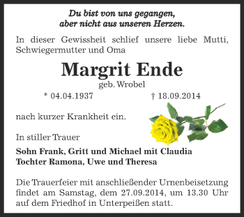 Traueranzeige von Margrit Ende von Super Sonntag Bernburg