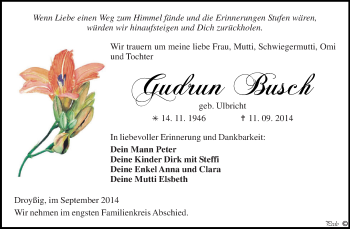 Traueranzeige von Gudrun Busch von Super Sonntag Zeitz