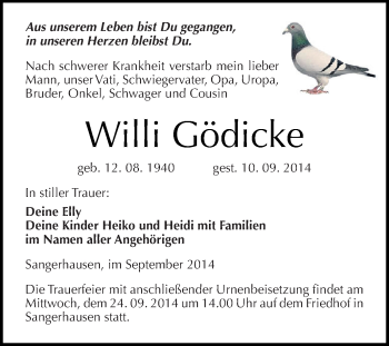 Traueranzeige von Willi Gödicke von Super Sonntag SGH Mansf. Land