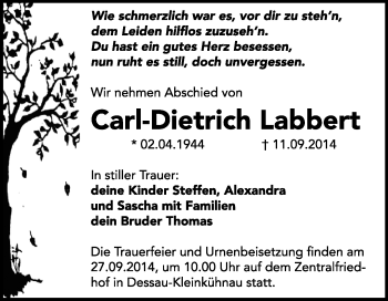 Traueranzeige von Carl-Dietrich Labbert von Super Sonntag Dessau / Köthen
