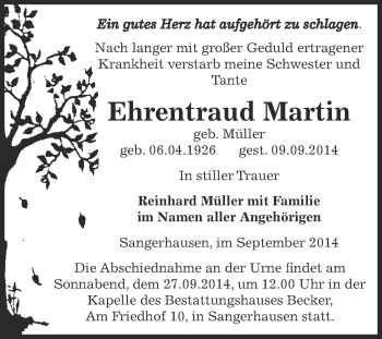 Traueranzeige von Ehrentraud Martin von Super Sonntag SGH Mansf. Land